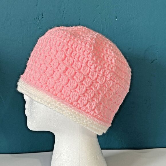 Women's Beanie Hat Crochet Knit - Pink & White 18-22" (Average Adult) - Picture 1 of 7